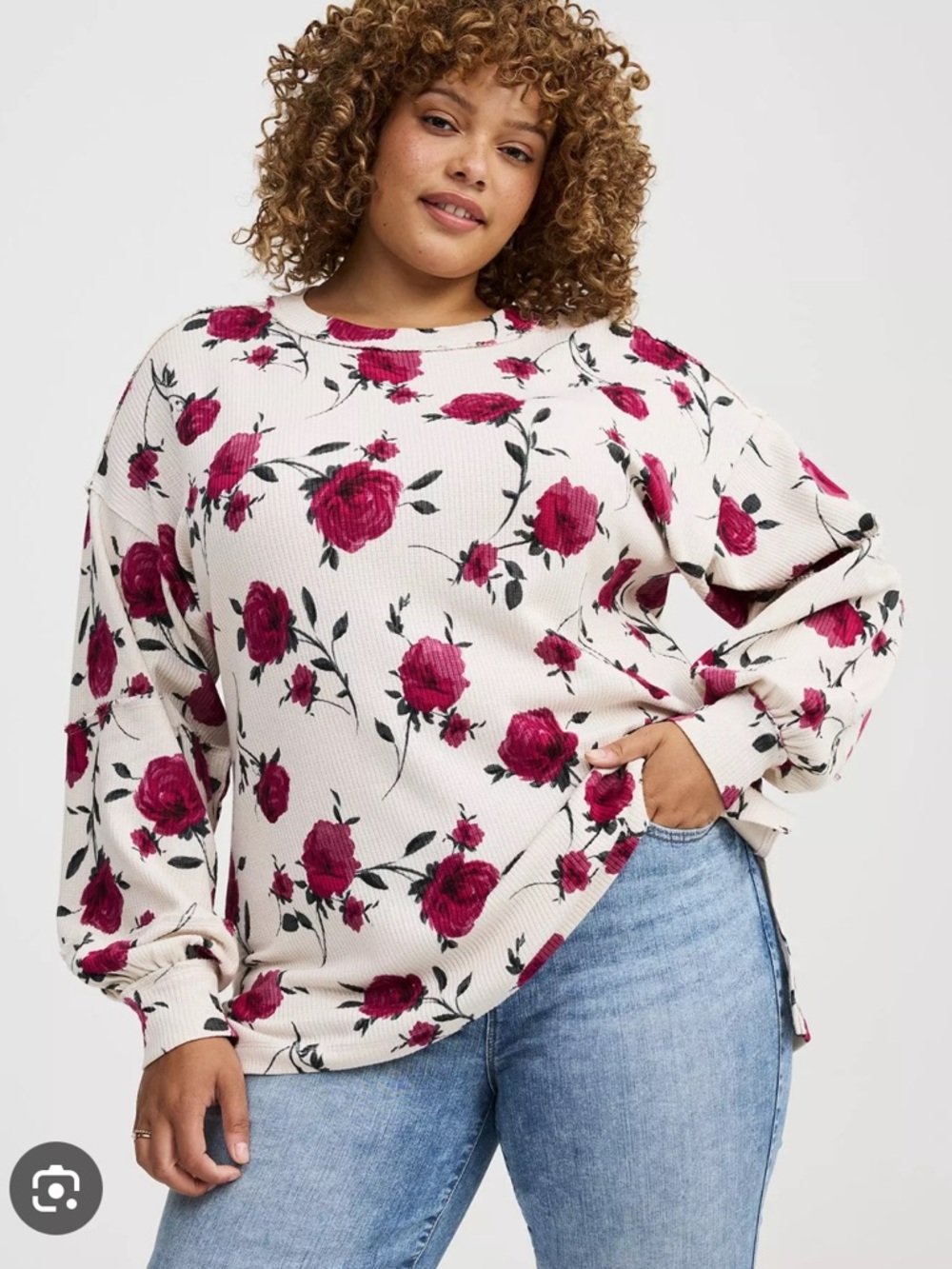 Torrid Cream Floral Long Sleeve Drop Shoulder Rib Tee with Pink Roses